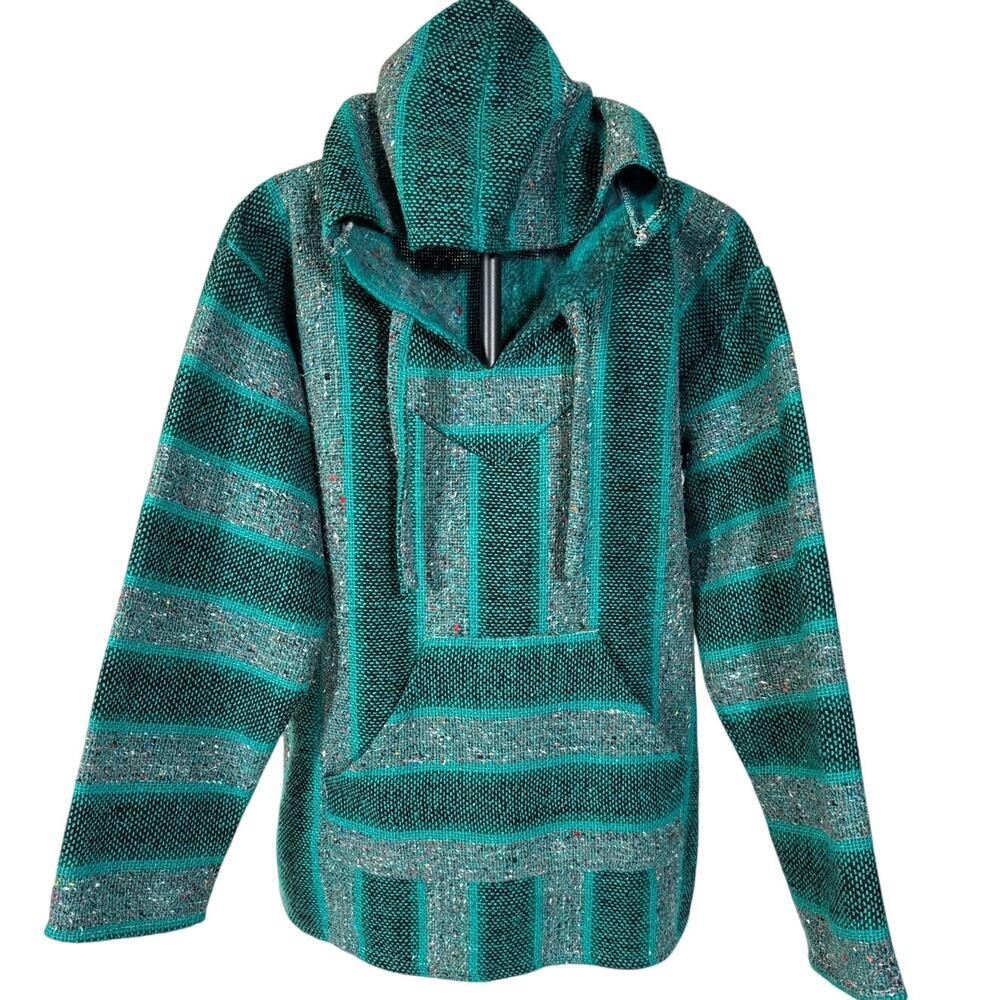 Mexican Baja Hoodie Medium Teal Turquoise Striped Poncho Drug Rug Made in Mexico